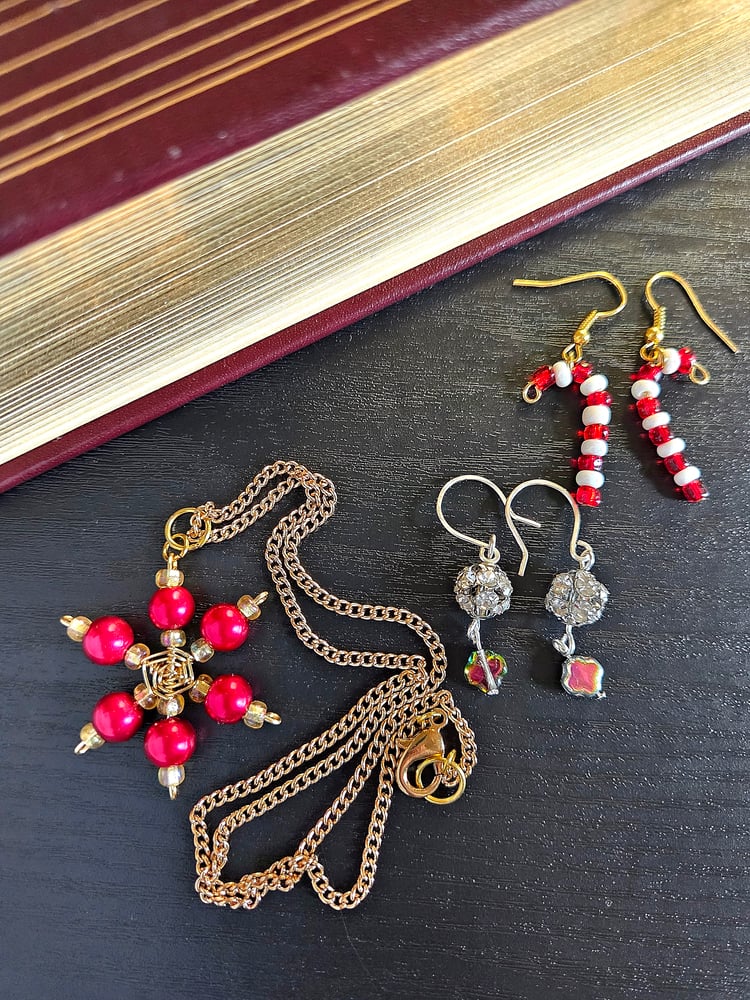 Image of Christmas Jewelry Gift Set – Gold Snowflake Necklace, Candy Cane Earrings & Disco Ball Earrings
