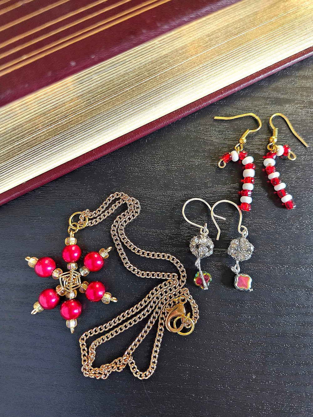 Image of Christmas Jewelry Gift Set – Gold Snowflake Necklace, Candy Cane Earrings & Disco Ball Earrings