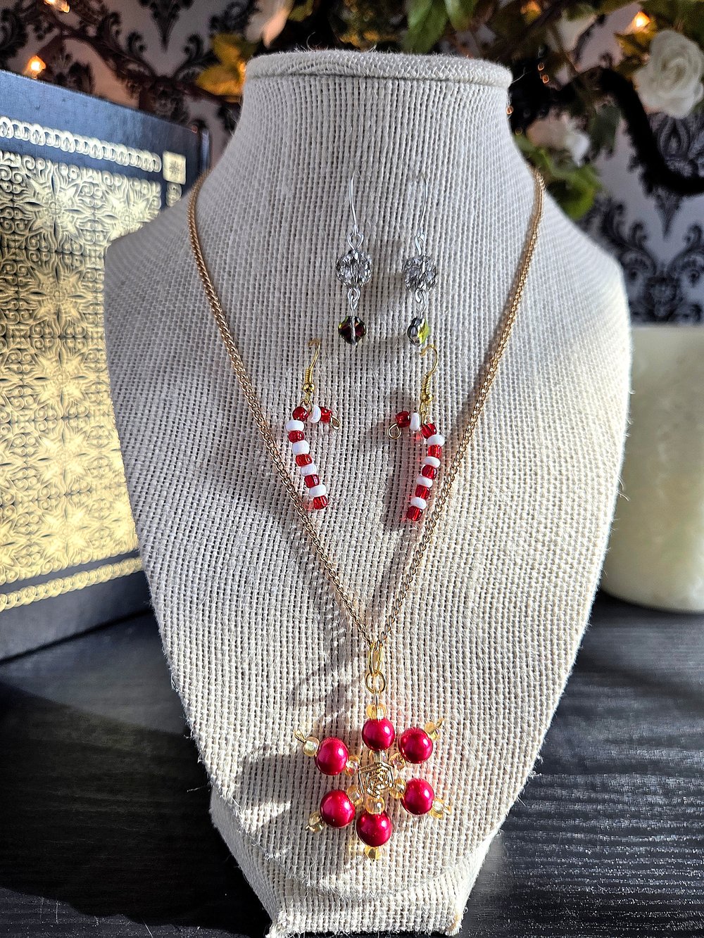 Image of Christmas Jewelry Gift Set – Gold Snowflake Necklace, Candy Cane Earrings & Disco Ball Earrings