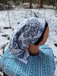 Image 3 of 5 Option Bonnet Snood in Upcycled Linen- Navy Floral- Small/Medium 