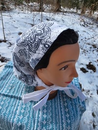 Image 4 of 5 Option Bonnet Snood in Upcycled Linen- Navy Floral- Small/Medium 