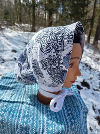 Image 9 of 5 Option Bonnet Snood in Upcycled Linen- Navy Floral- Small/Medium 