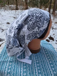 Image 11 of 5 Option Bonnet Snood in Upcycled Linen- Navy Floral- Small/Medium 