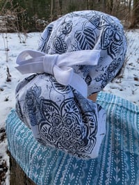 Image 2 of 5 Option Bonnet Snood in Upcycled Linen- Navy Floral- Small/Medium 