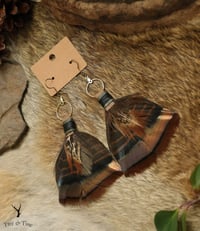 Image 3 of Leather Wrapped Iridescent Turkey & Grouse Feather Earrings 