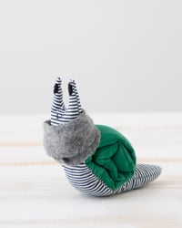 Image 1 of Small Handmade Green Linen Snail Wearing A Grey Woollen Scarf