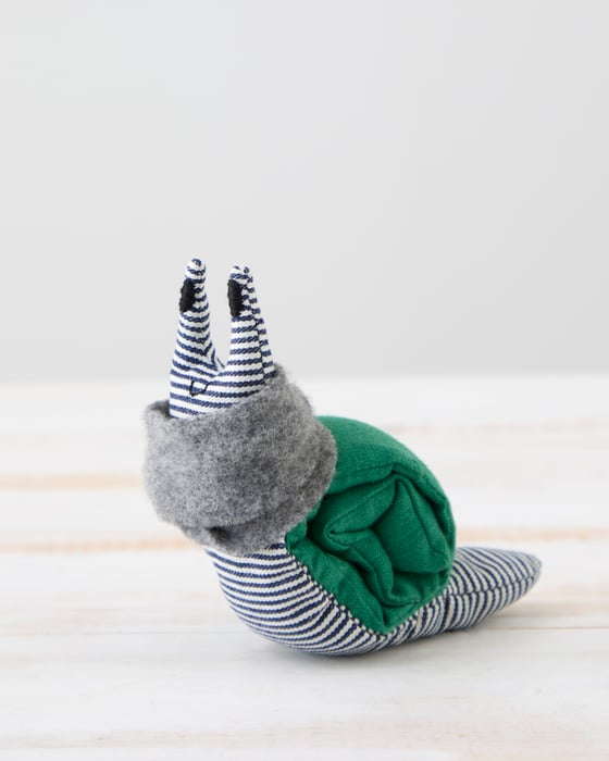 Image of Small Handmade Green Linen Snail Wearing A Grey Woollen Scarf