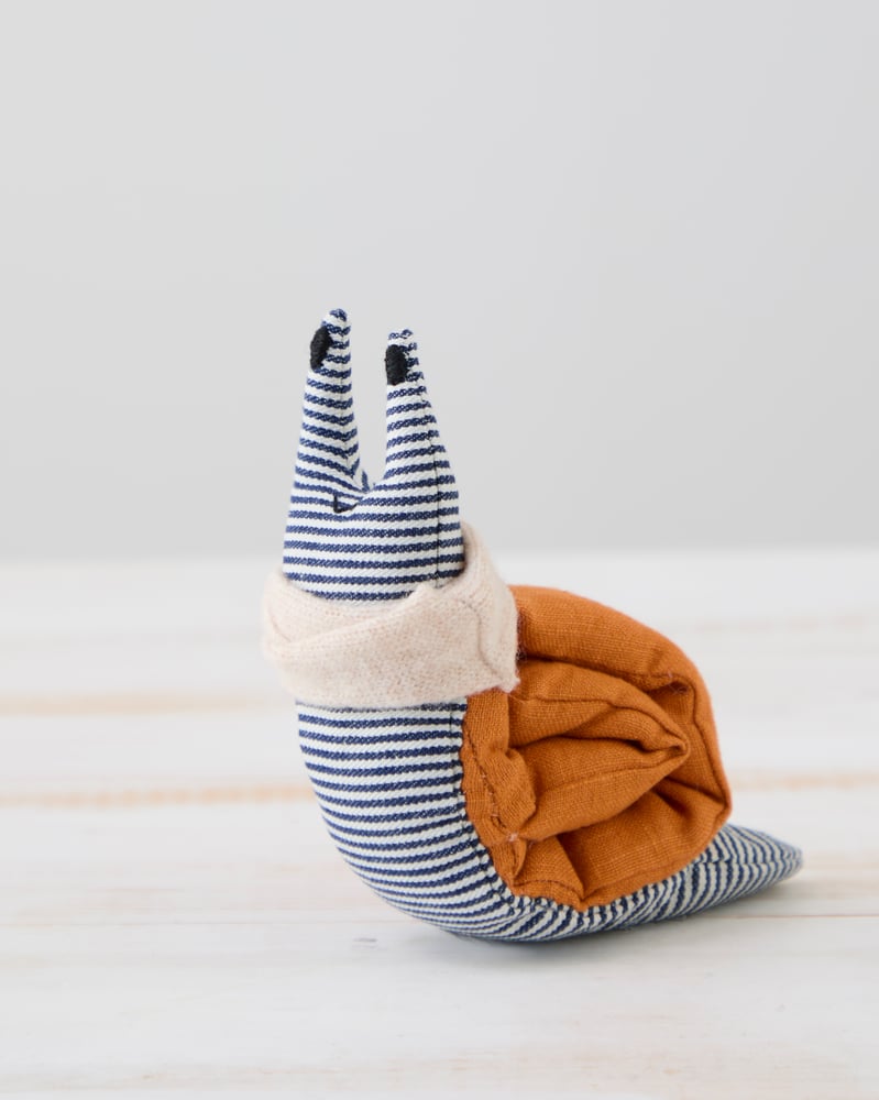 Image of Copy of Small Handmade Green Linen Snail Wearing A Grey Woollen Scarf