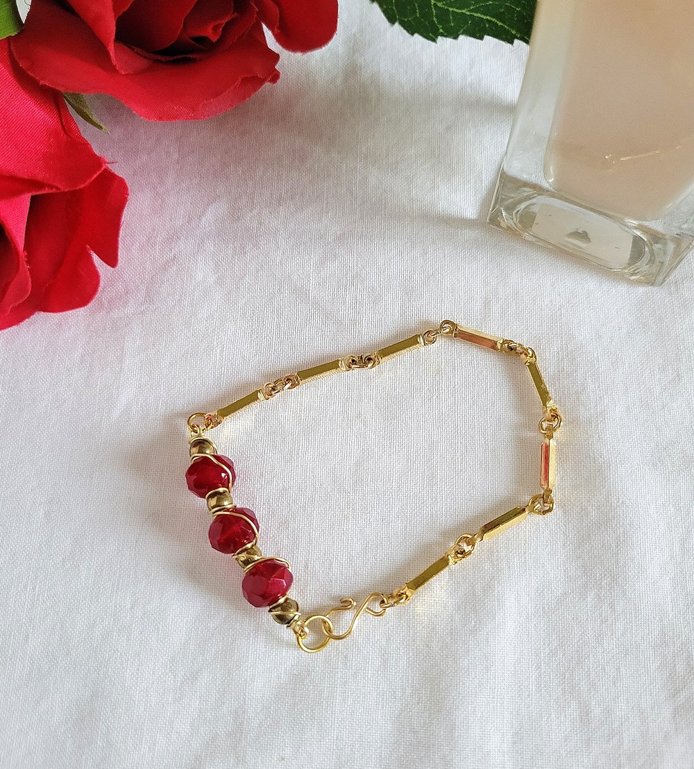 Image of Wire Wrapped Red Beaded Bar Bracelet