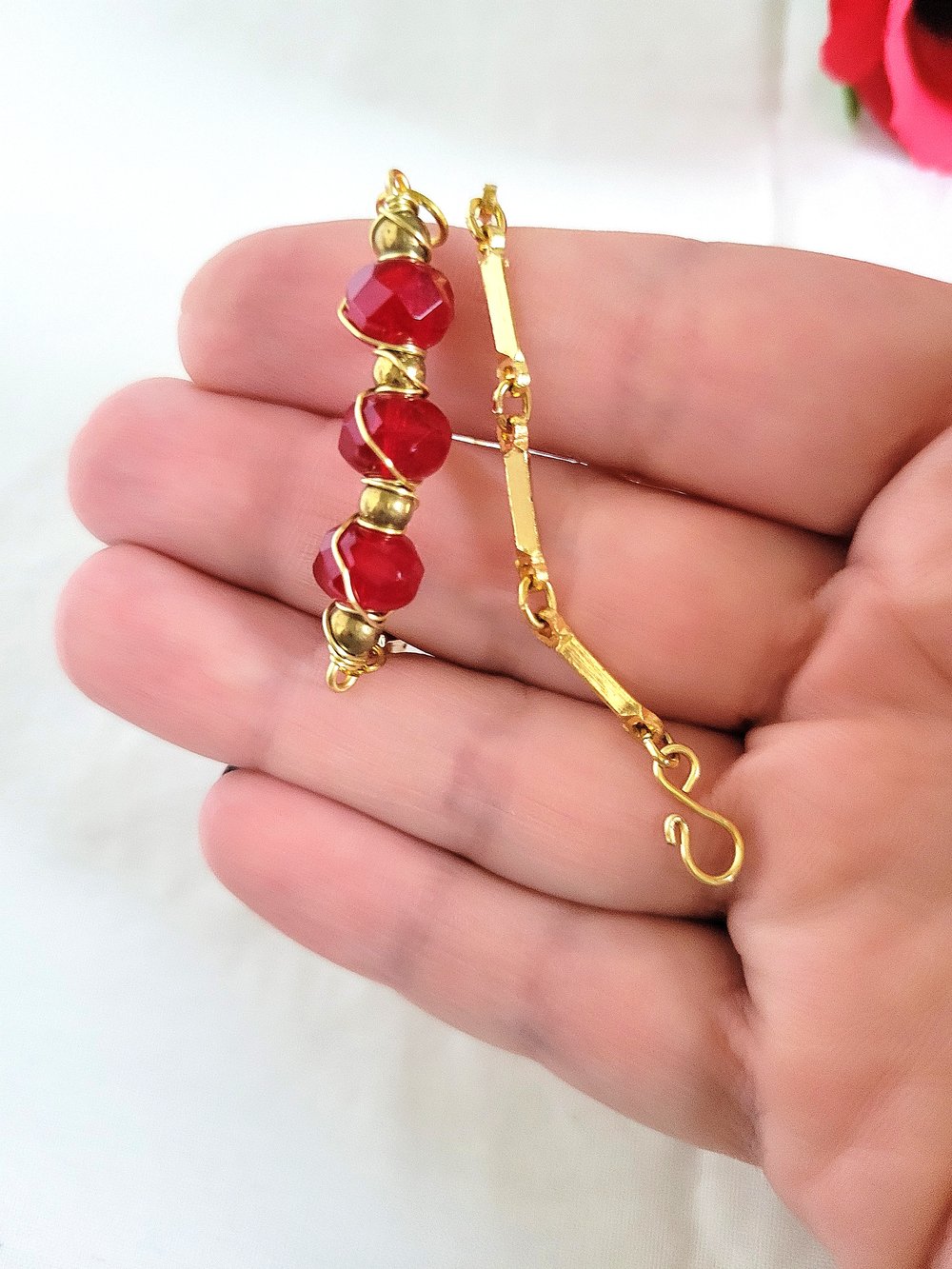 Image of Wire Wrapped Red Beaded Bar Bracelet