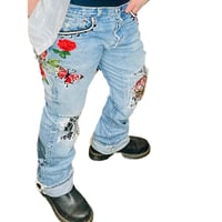Image 4 of Levi’s 501 Button Fly Custom Embellished  jeans Vintage 86 redesigned roses & butterflies SZ 34/32