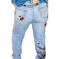 Image 5 of Levi’s 501 Button Fly Custom Embellished  jeans Vintage 86 redesigned roses & butterflies SZ 34/32