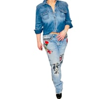 Image 3 of Levi’s 501 Button Fly Custom Embellished  jeans Vintage 86 redesigned roses & butterflies SZ 34/32