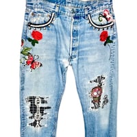 Image 6 of Levi’s 501 Button Fly Custom Embellished  jeans Vintage 86 redesigned roses & butterflies SZ 34/32