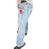 Image 13 of Levi’s 501 Button Fly Custom Embellished  jeans Vintage 86 redesigned roses & butterflies SZ 34/32