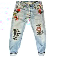 Image 14 of Levi’s 501 Button Fly Custom Embellished  jeans Vintage 86 redesigned roses & butterflies SZ 34/32