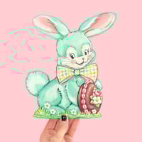 Image 3 of Blue vintage bunny with chocolate egg plaque 