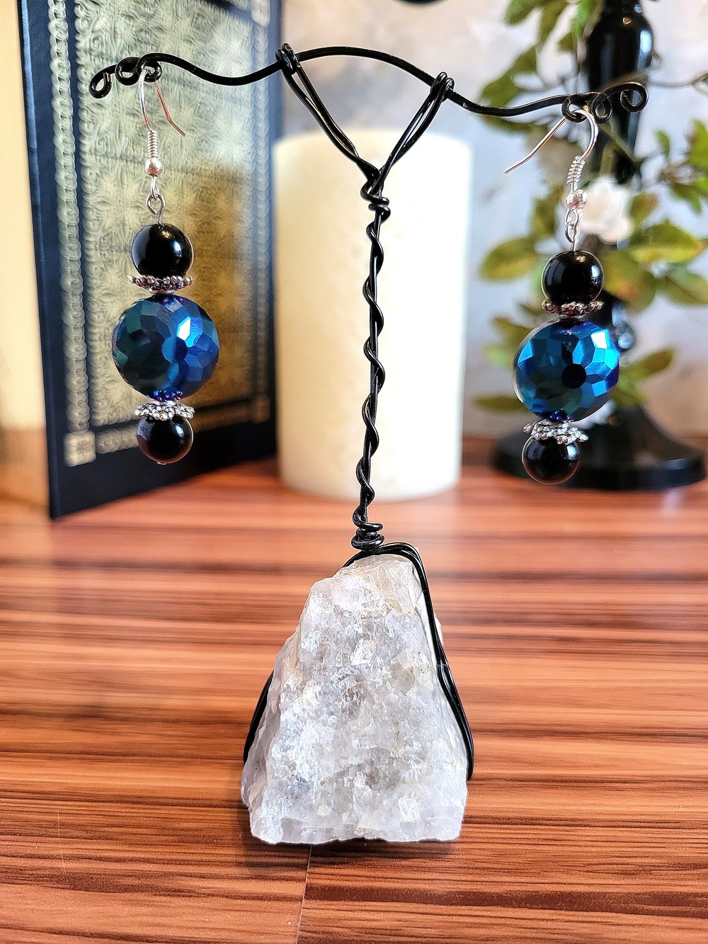 Image of Blue Disc Earrings with Black Accent Beads