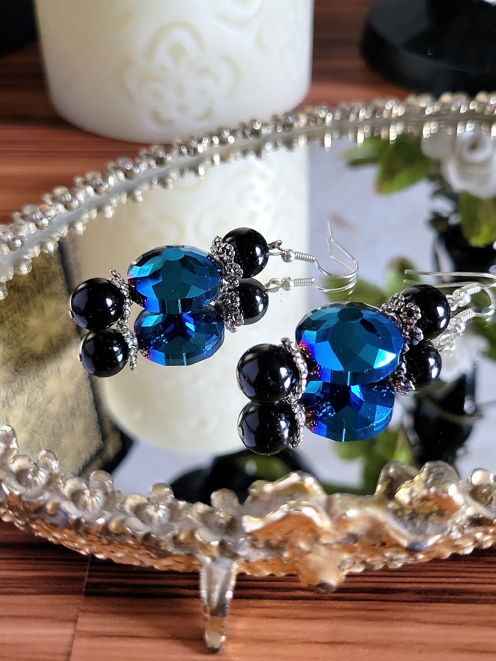 Image of Blue Disc Earrings with Black Accent Beads