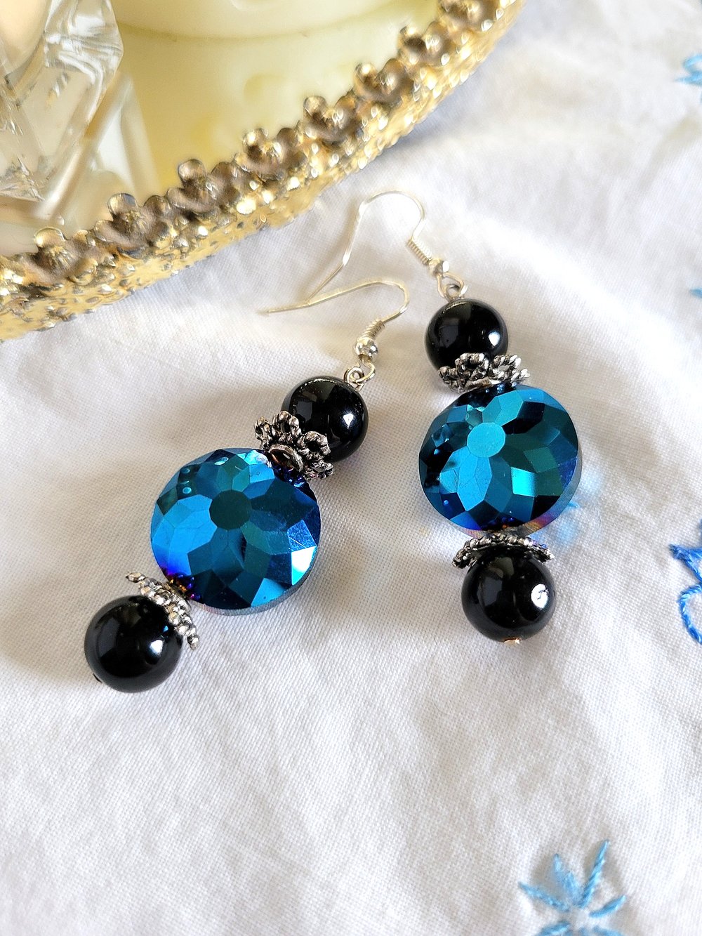Image of Blue Disc Earrings with Black Accent Beads