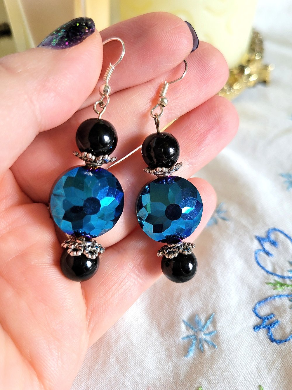 Image of Blue Disc Earrings with Black Accent Beads