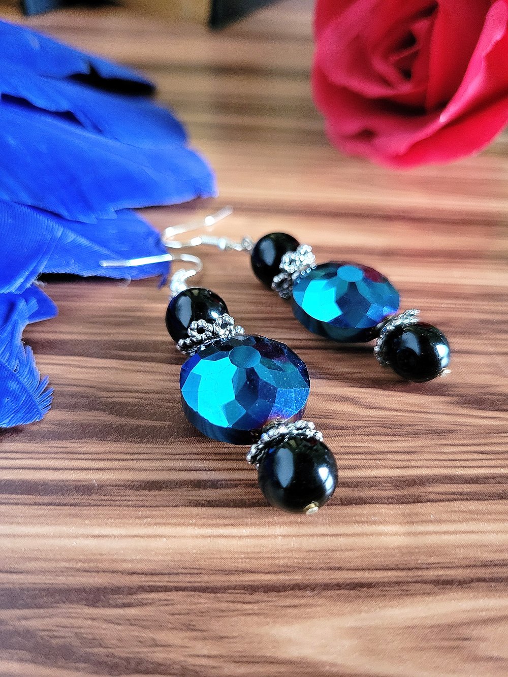Image of Blue Disc Earrings with Black Accent Beads