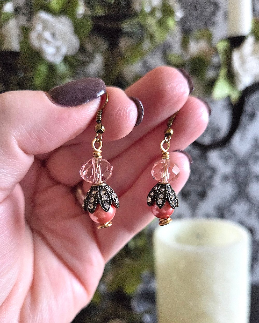 Image of Vintage Inspired Dusty Pink Pearl Dangle Earrings