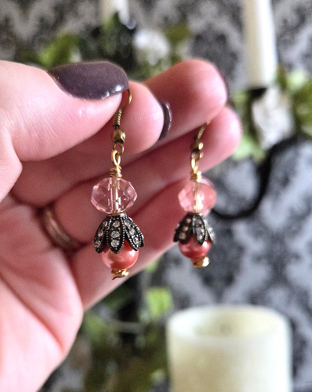 Image of Vintage Inspired Dusty Pink Pearl Dangle Earrings
