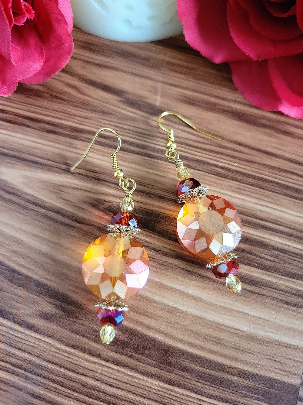 Image of ​Orange Disc Earrings with a Sunburst Pattern