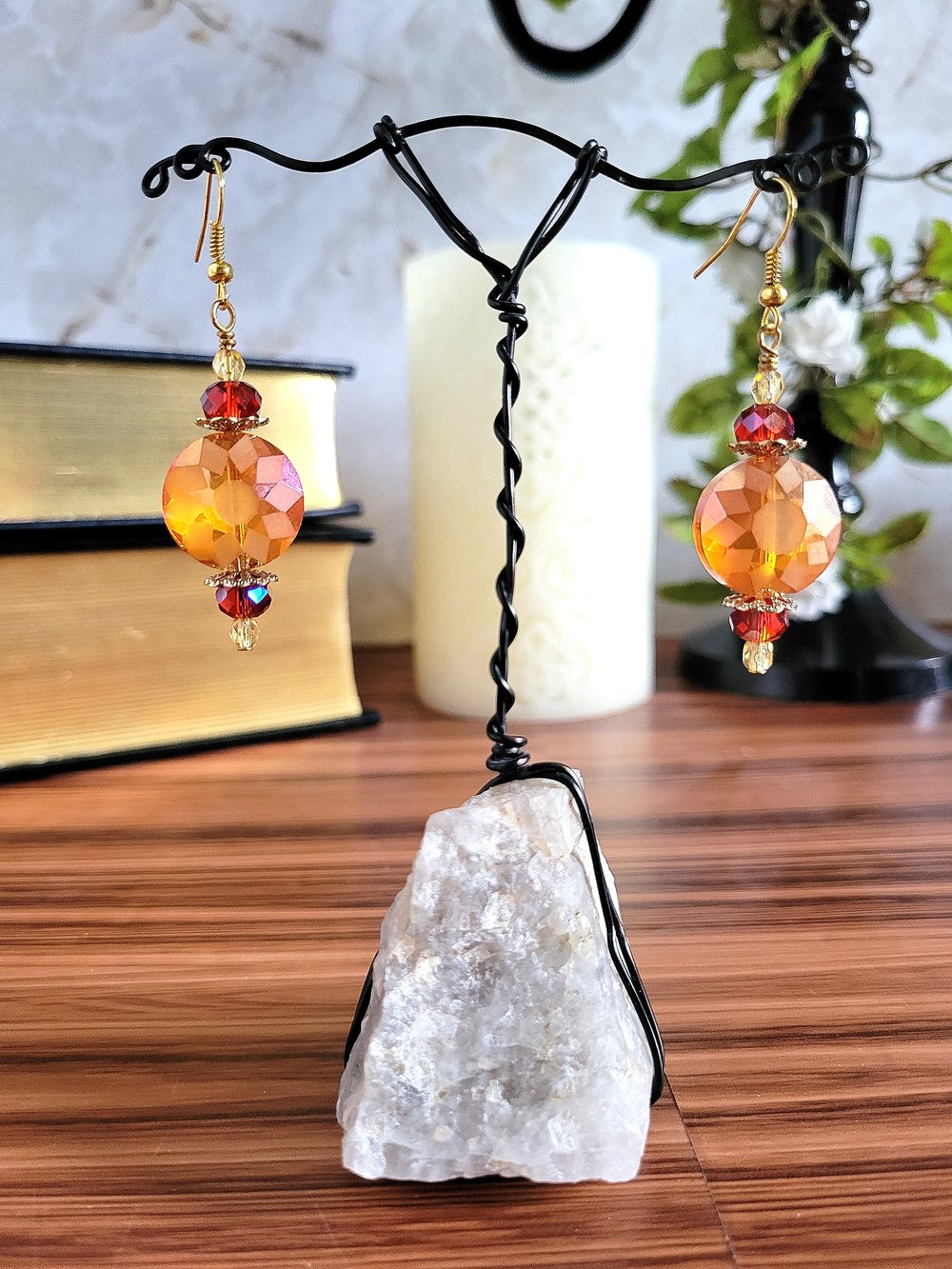 Image of ​Orange Disc Earrings with a Sunburst Pattern