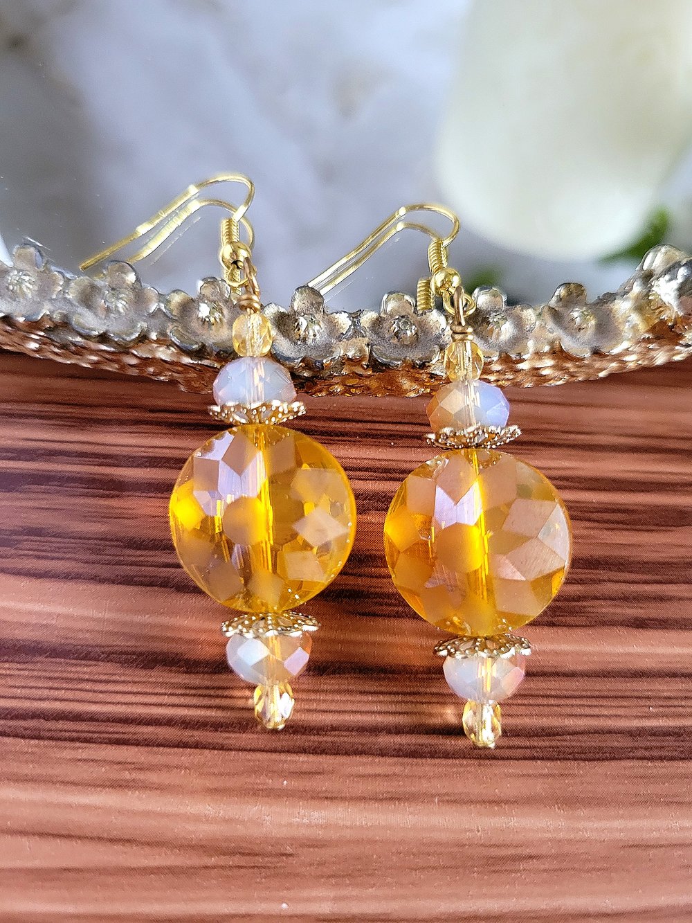 Image of Yellow Disc Earrings with a Sunburst Pattern