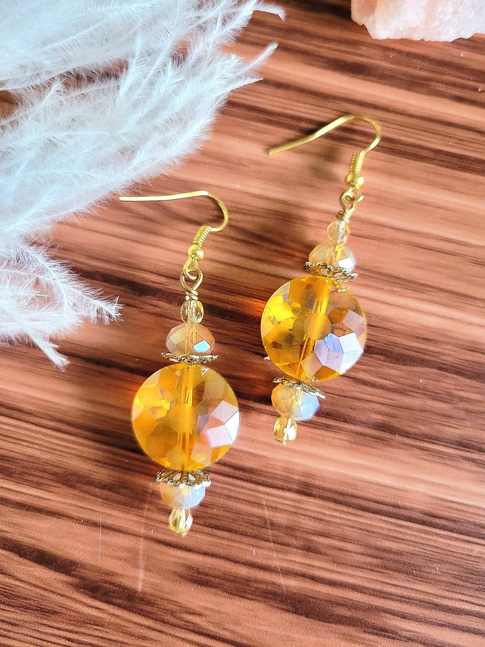 Image of Yellow Disc Earrings with a Sunburst Pattern