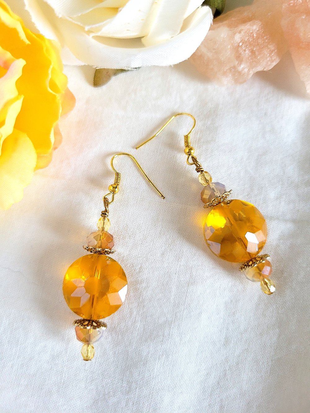 Image of Yellow Disc Earrings with a Sunburst Pattern