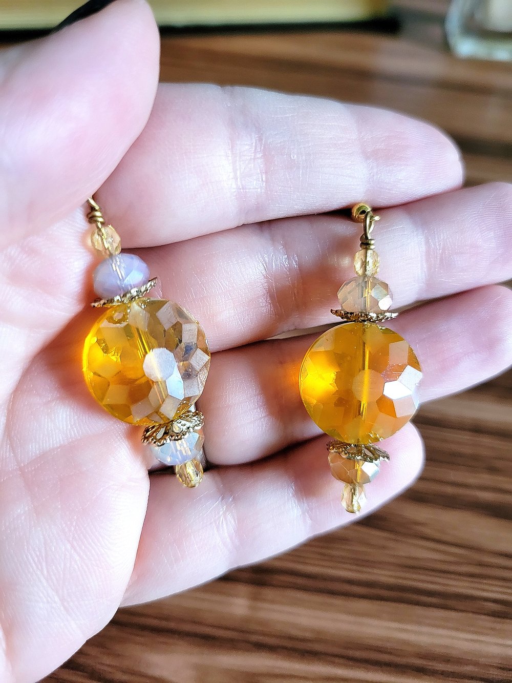 Image of Yellow Disc Earrings with a Sunburst Pattern