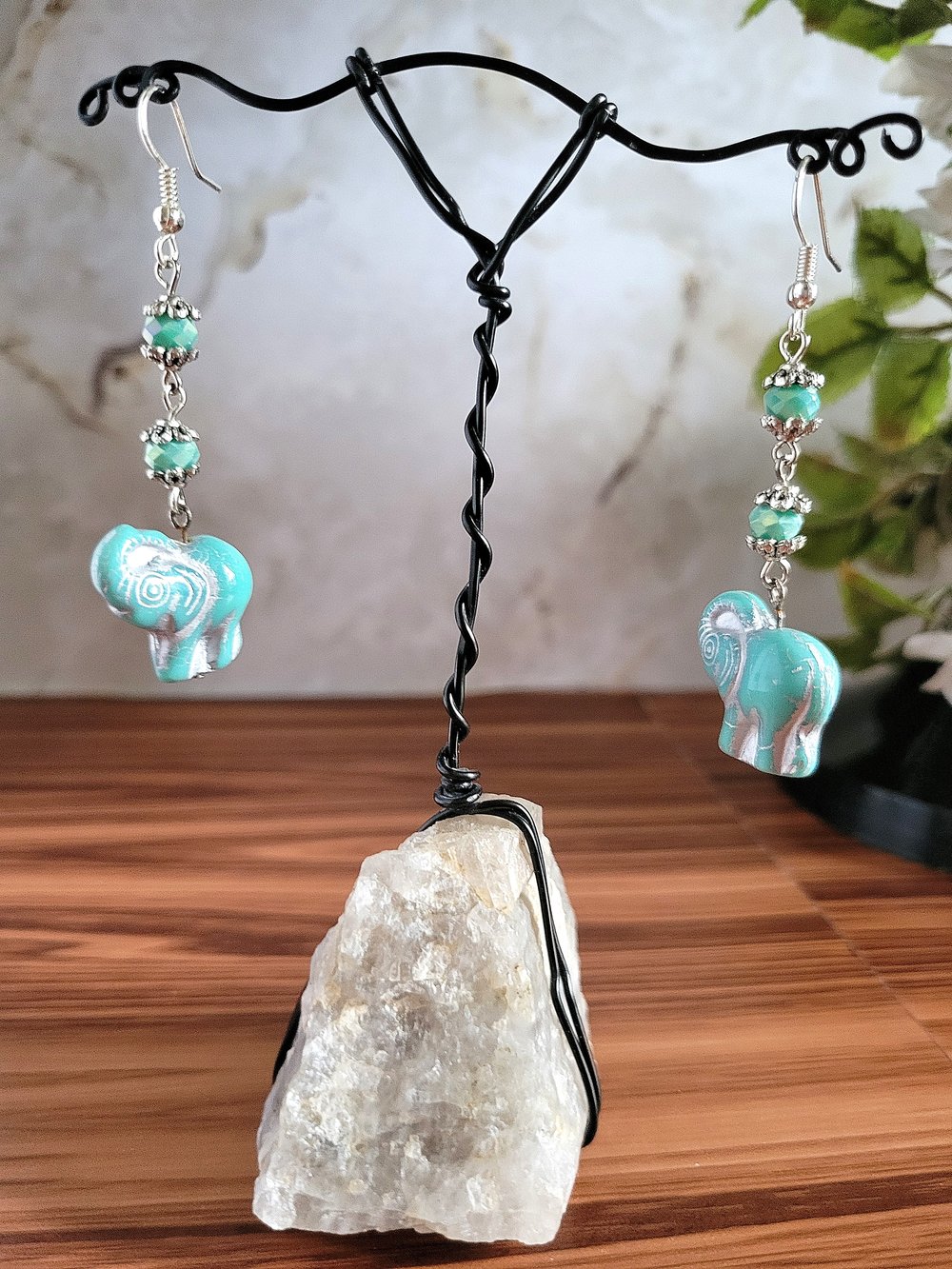 Image of Victorian-Inspired Turquoise Elephant Dangle Earrings with Antique Silver Wash