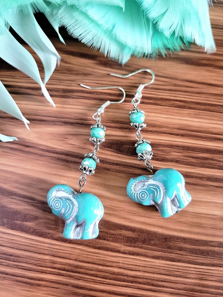 Image of Victorian-Inspired Turquoise Elephant Dangle Earrings with Antique Silver Wash
