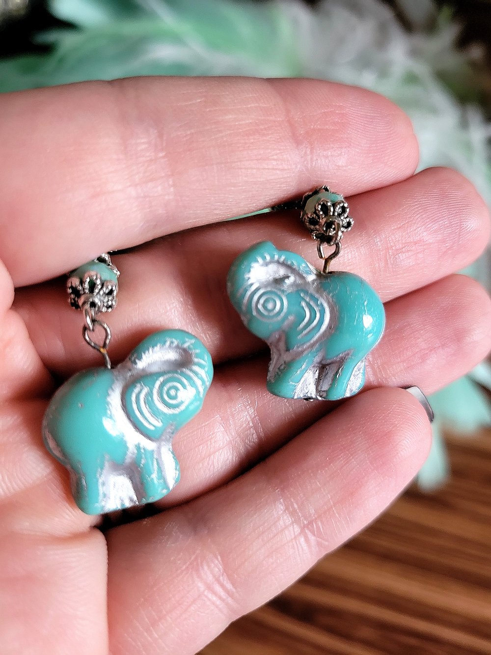 Image of Victorian-Inspired Turquoise Elephant Dangle Earrings with Antique Silver Wash