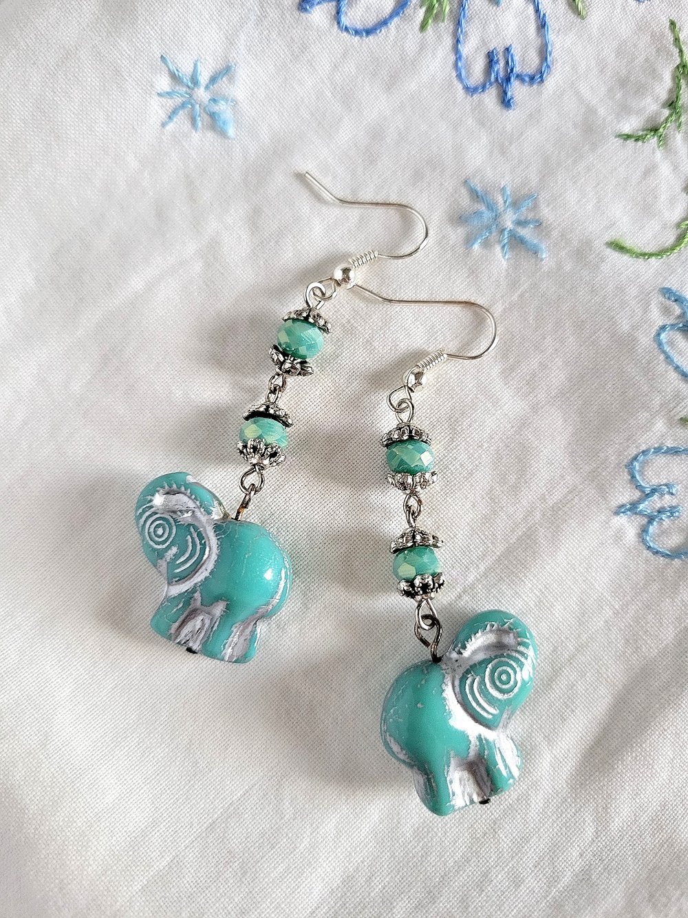 Image of Victorian-Inspired Turquoise Elephant Dangle Earrings with Antique Silver Wash