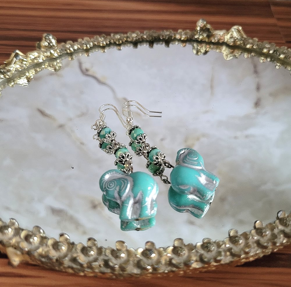 Image of Victorian-Inspired Turquoise Elephant Dangle Earrings with Antique Silver Wash