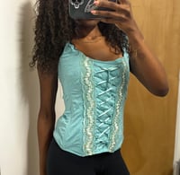 Image 1 of 00s baby blue corset style fairy top with sequins and lace up detail
