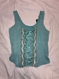 Image 2 of 00s baby blue corset style fairy top with sequins and lace up detail