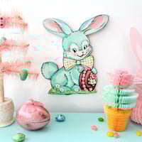 Image 1 of Blue vintage bunny with chocolate egg plaque 