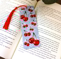 Image 1 of Cherries and Books Bookmark Handmade Metal Bookmark with Red Tassel, reading