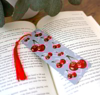 Image 2 of Cherries and Books Bookmark Handmade Metal Bookmark with Red Tassel, reading