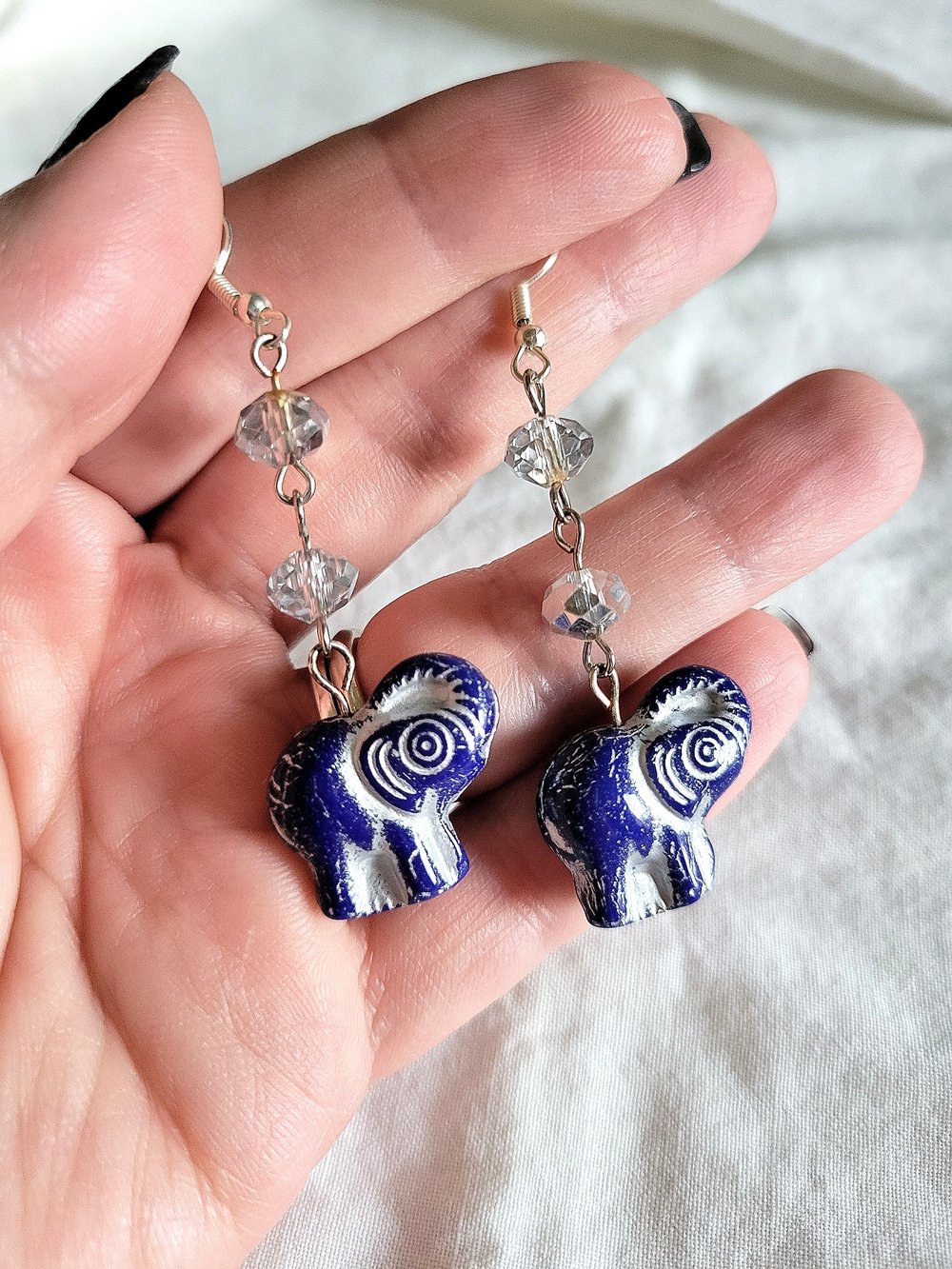 Image of Navy Blue Artisan Elephant Beaded Earrings with a Silver Wash