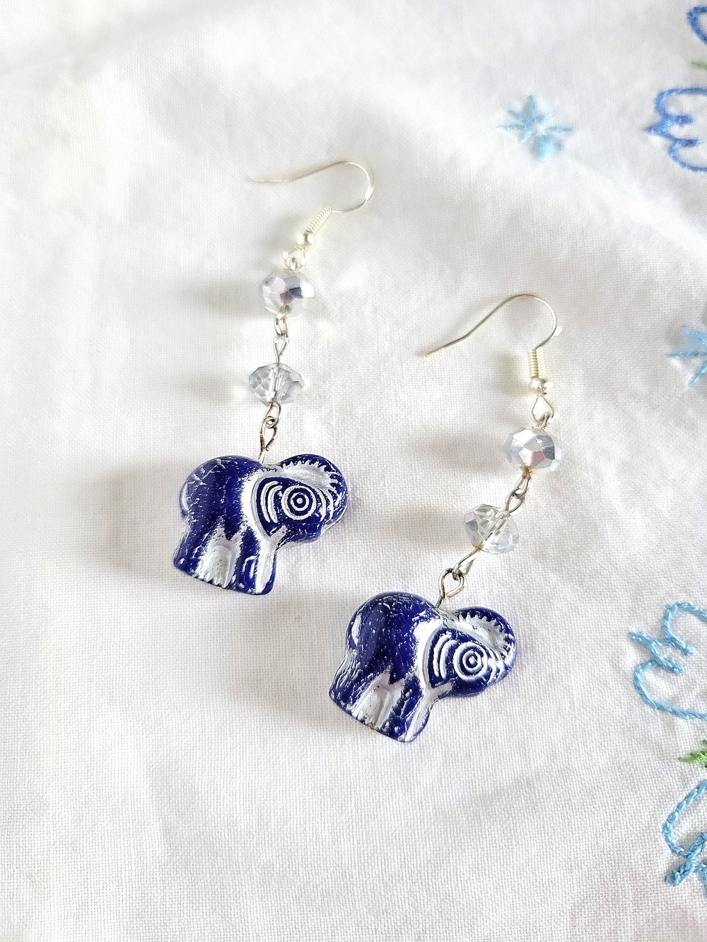 Image of Navy Blue Artisan Elephant Beaded Earrings with a Silver Wash