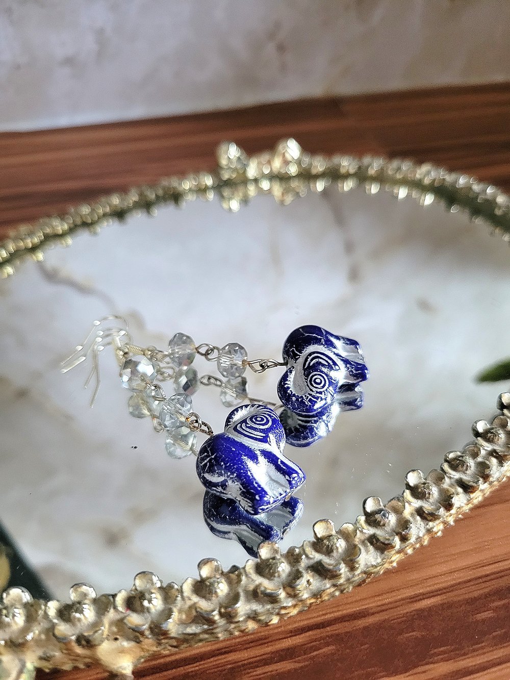 Image of Navy Blue Artisan Elephant Beaded Earrings with a Silver Wash