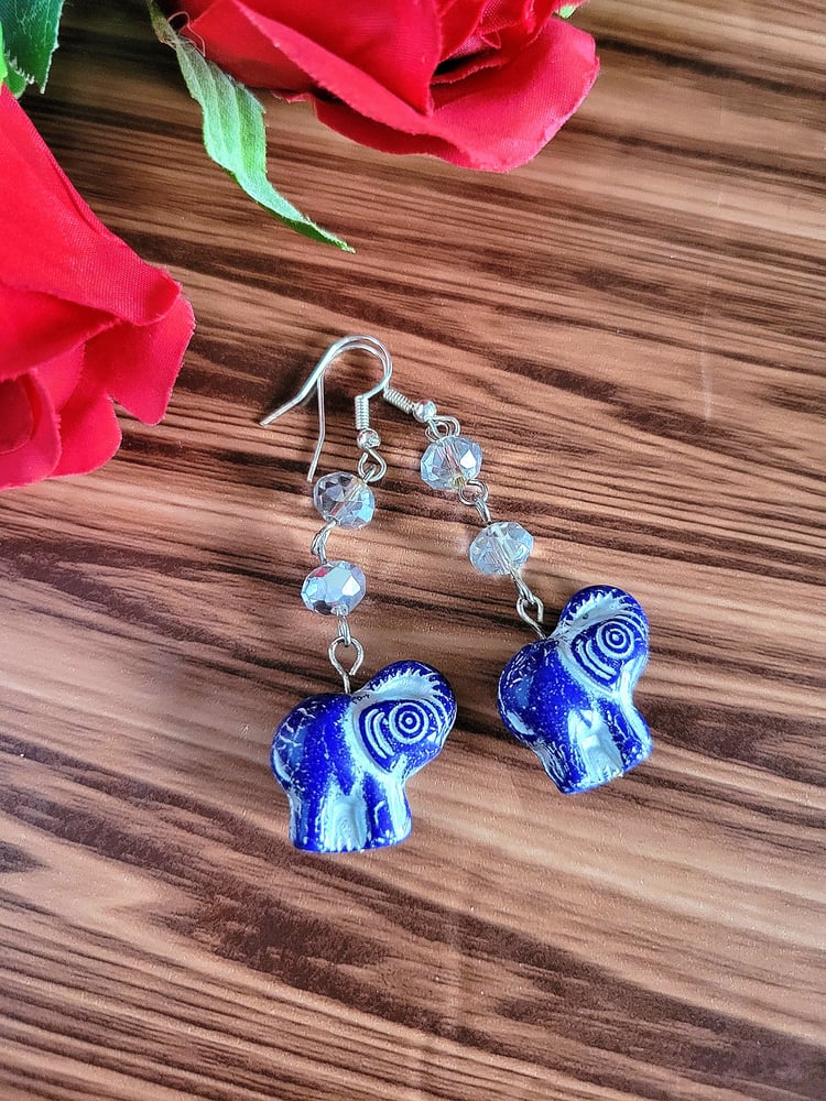 Image of Navy Blue Artisan Elephant Beaded Earrings with a Silver Wash