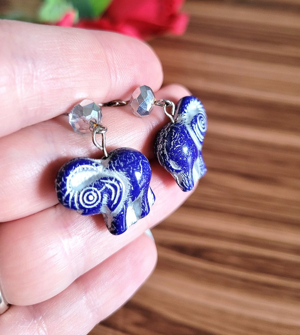 Image of Navy Blue Artisan Elephant Beaded Earrings with a Silver Wash