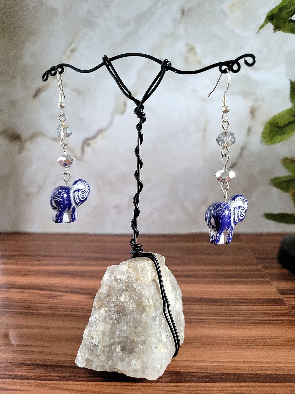 Image of Navy Blue Artisan Elephant Beaded Earrings with a Silver Wash